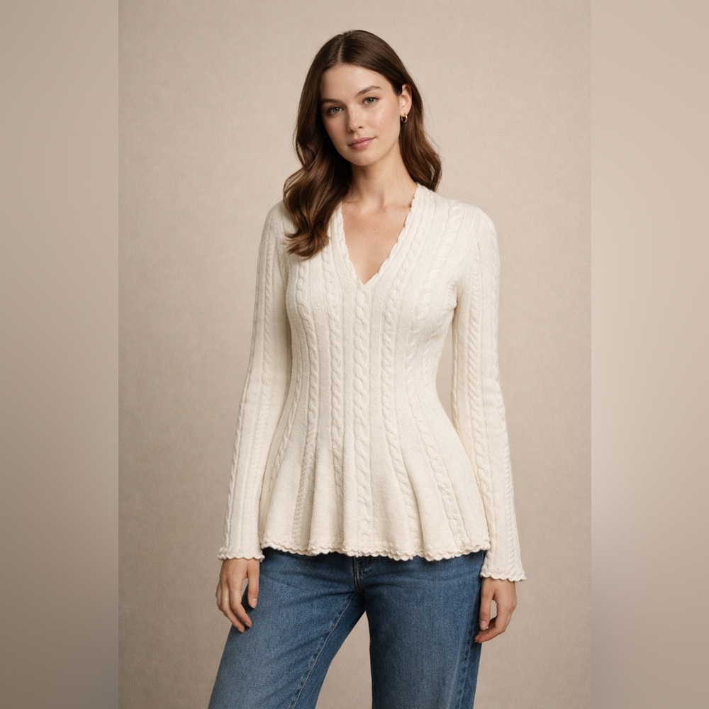 Antonio Melani Addie Ivory Cable-Knit Peplum Sweater V-Neck Long Sleeve M Women